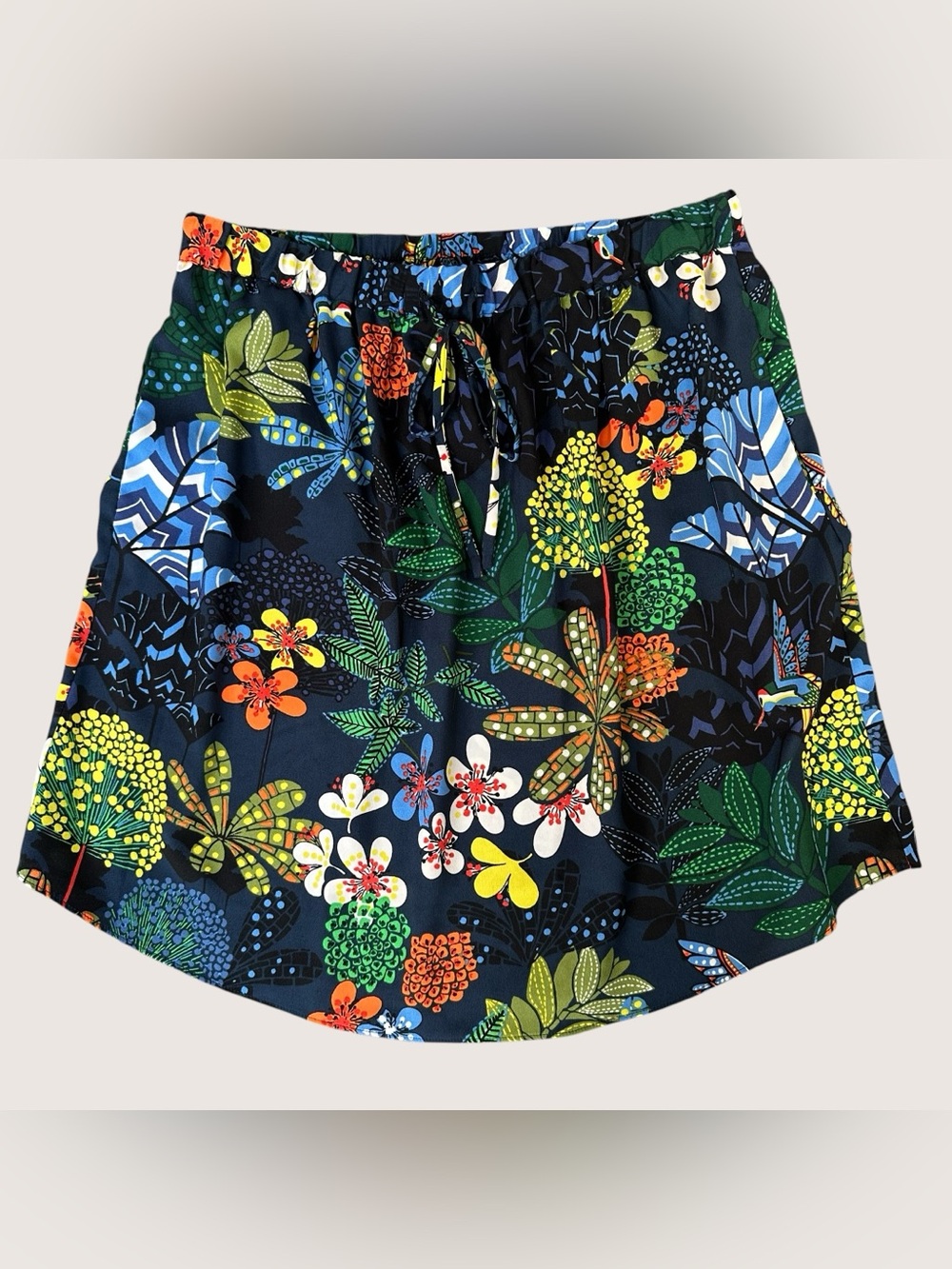 LOFT Tropical Floral Drawstring Skirt - Navy Base with Multicolor Blooms